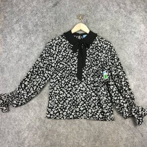 CeCe Top XS Blouse Black White Ditsy Floral Bishop Balloon Sleeve Bow Front